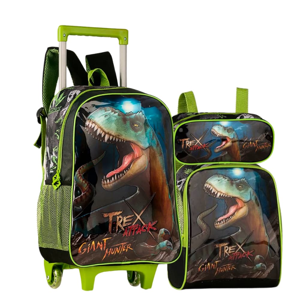 Kit Escolar T-rex Dinossauro Mochila de Rodinhas+  Estojo E Lancheira Térmica Meninos - Clio