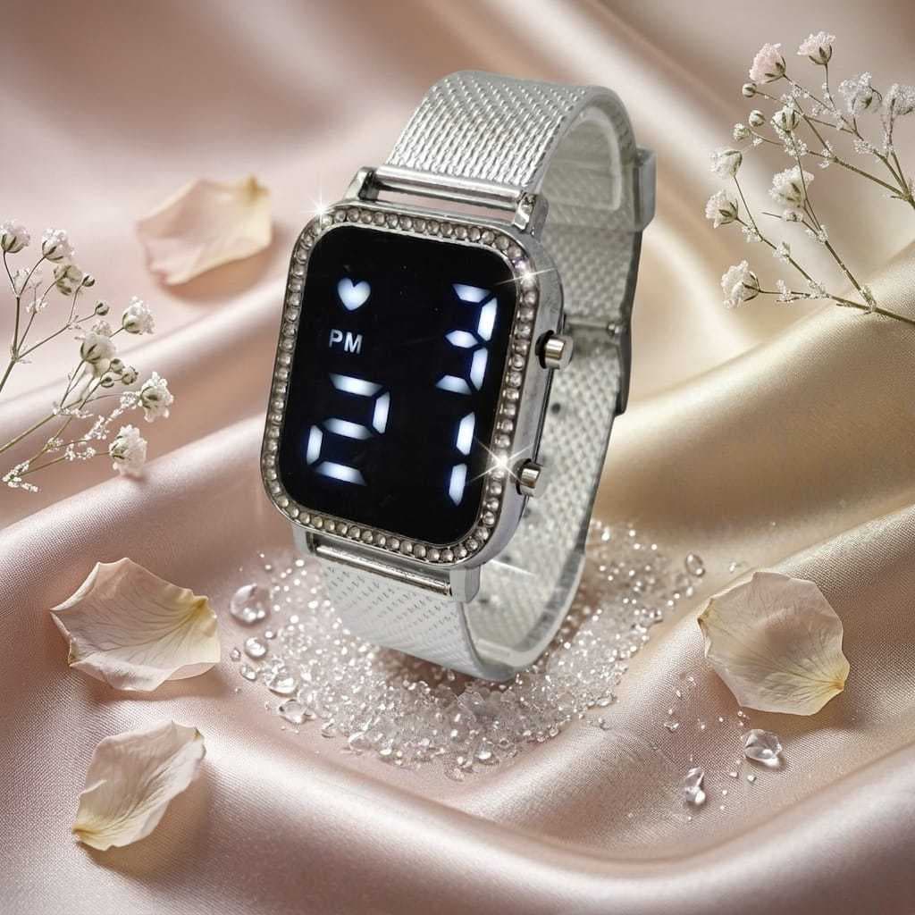 Relógio feminino led digital quadrado com pedra