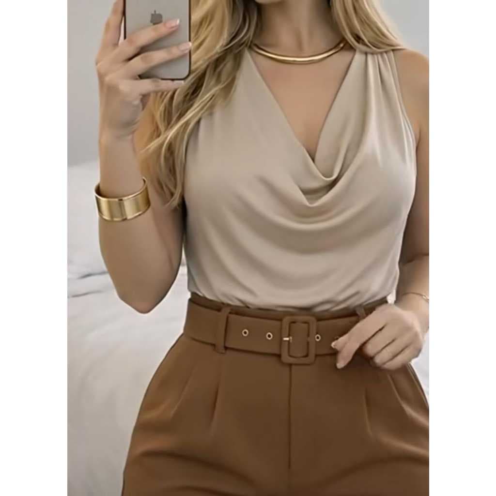 Blusa Regata Gola Boba Drapeada Soltinha Sem Bojo Suplex Moda elegante Casual Social