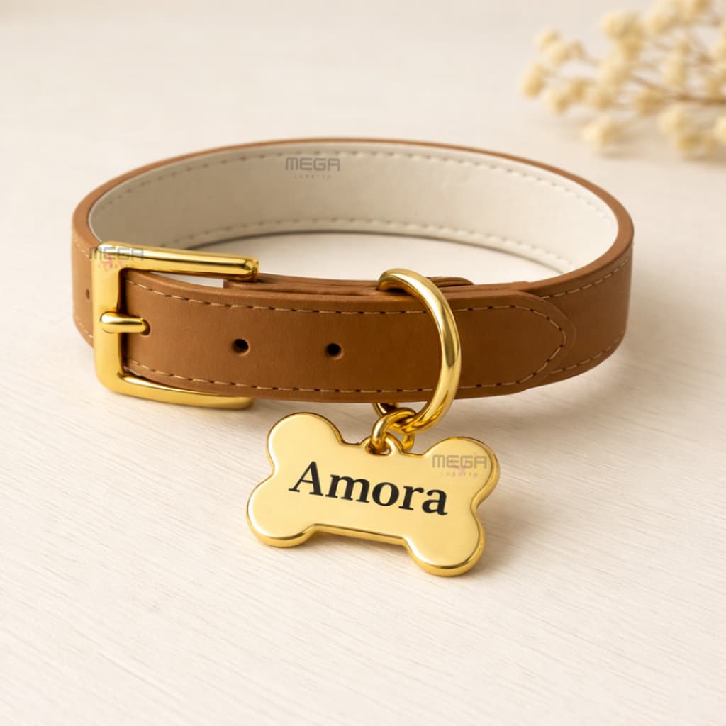 Coleira de Couro com Osso com Nome do Cachorro ou Gato Personalizado