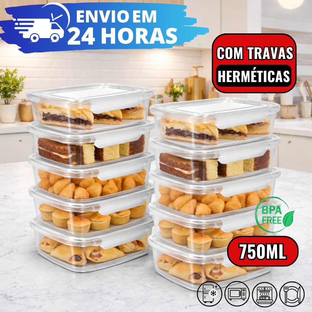 Jogo 10, 7 e 5 Potes Tampa Com Trava 750ml Transparente Kit Marmita, Kit Pote Retangular Tampa Com Trava REFORÇADO