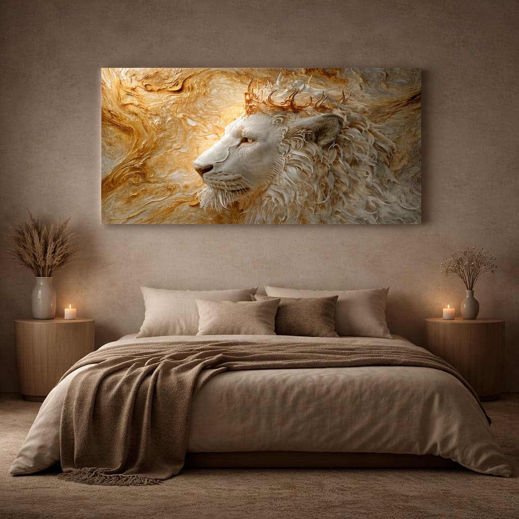 Quadro Decorativo Leão Branco e Dourado Majestoso Luxuoso Decoração Horizontal Moderna 110x70