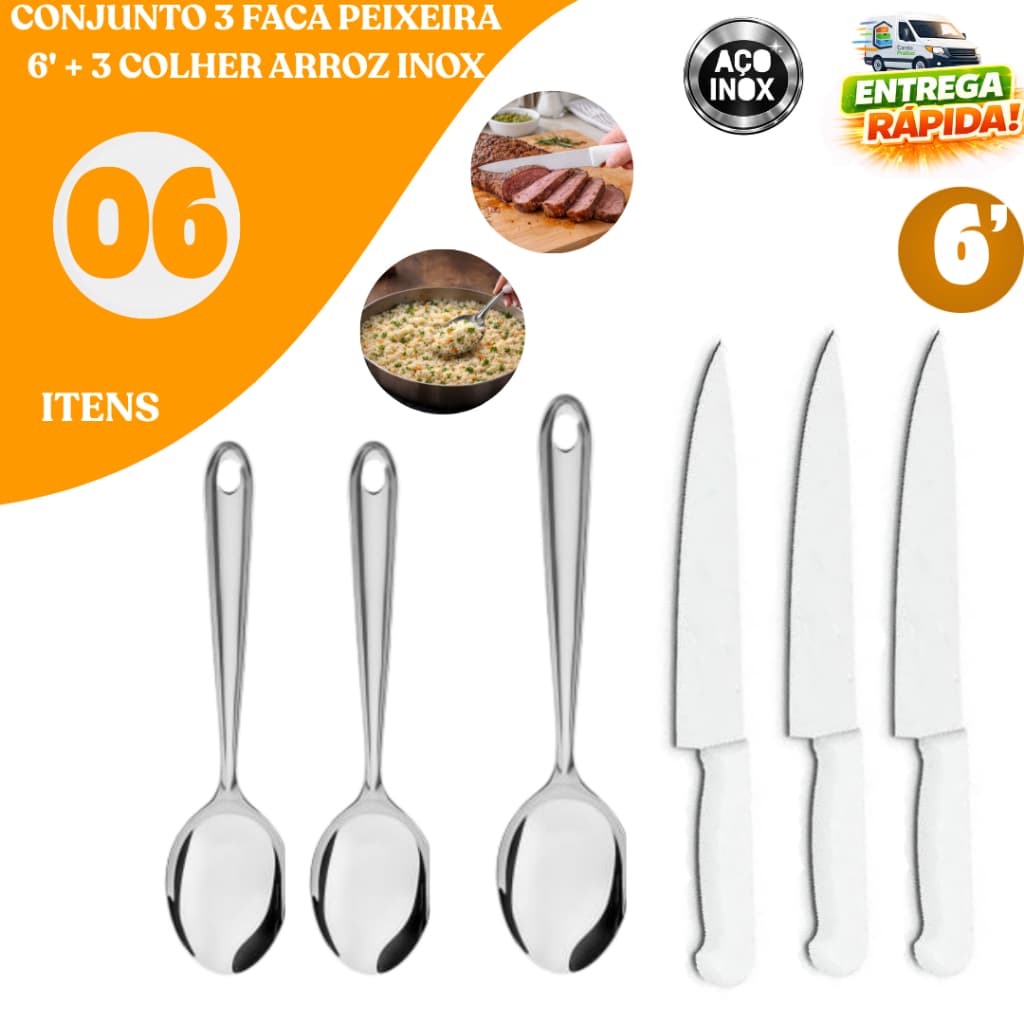 Conjunto 06/04 Facas Peixeira 6”+ Colheres de Arroz Inox Resistente Prático Cozinha Restaurante