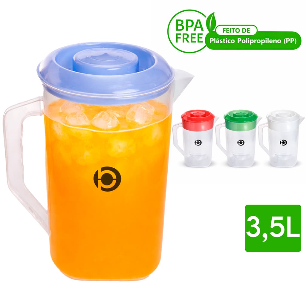 Jarra Suco Grande de Plástico Água Bpa Free  3,5L Cor Transparente Com Tampa Colorida