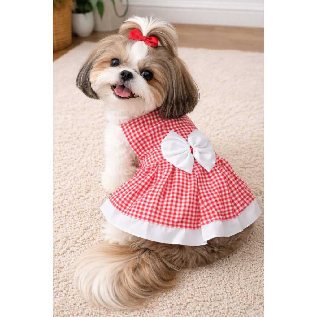 Vestido Pet Elegante para Cães e Gatos Estampa Xadrez com Laço Branco Roupa de Cachorro e Gato