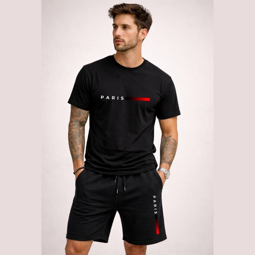 Conjunto camiseta e bermuda moletom estampada Paris streetwear camisa malha 30.1 linha Premium 100%algodao
