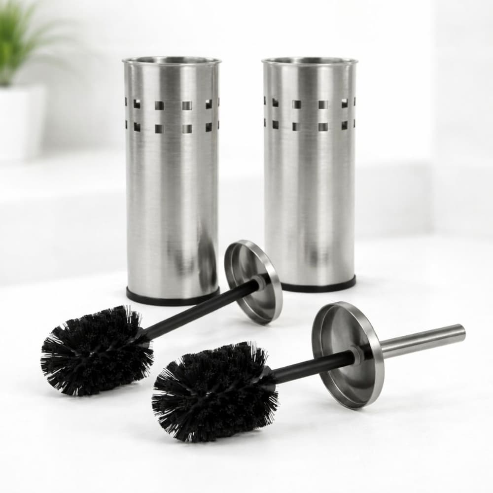 Kit 2 Escovas Sanitárias Aço Inox com Suporte Banheiro Higiene