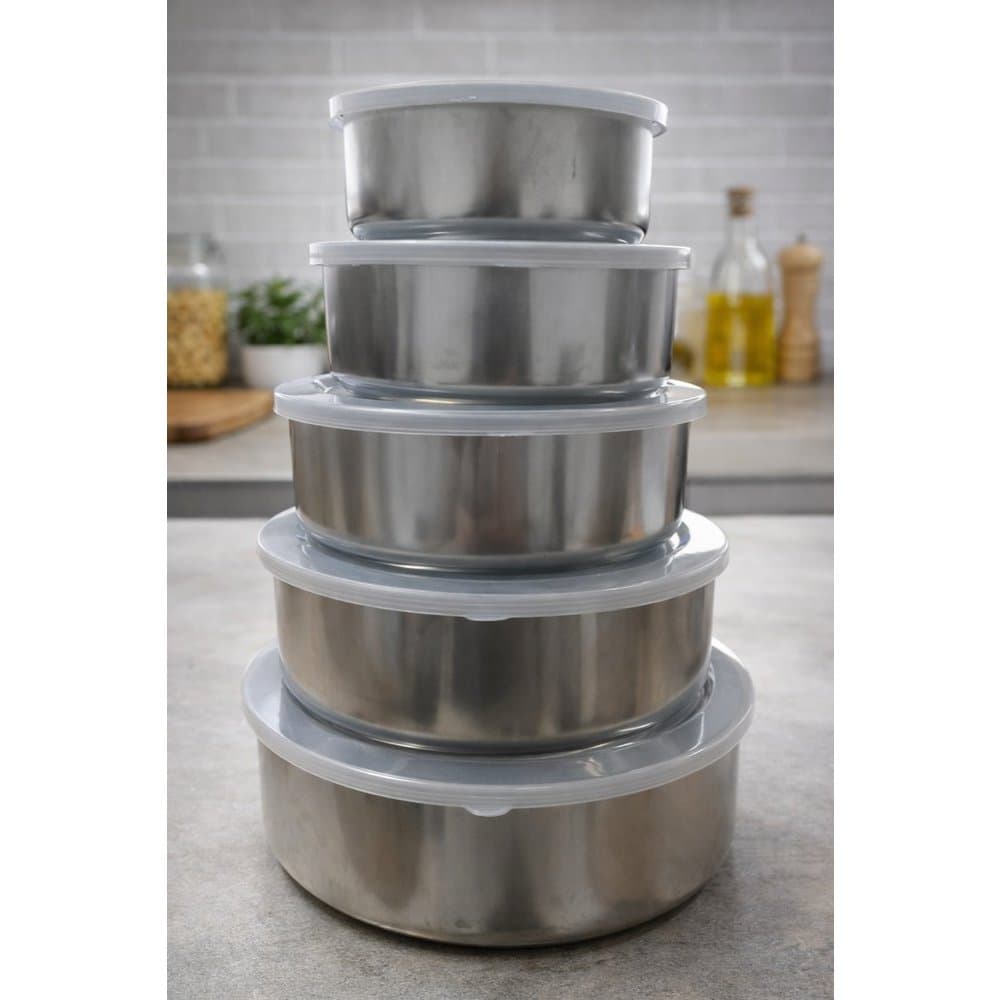 Kit 5 Potes Redondos com Tampa Inox Vedação Segura, Organizador de Alimentos, Cozinha Prática