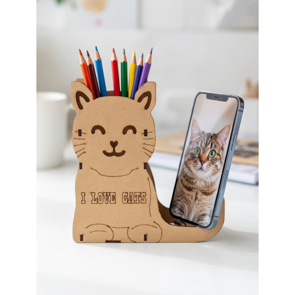 Porta Lápis e Suporte para Celular MDF Personalizado Gatinho