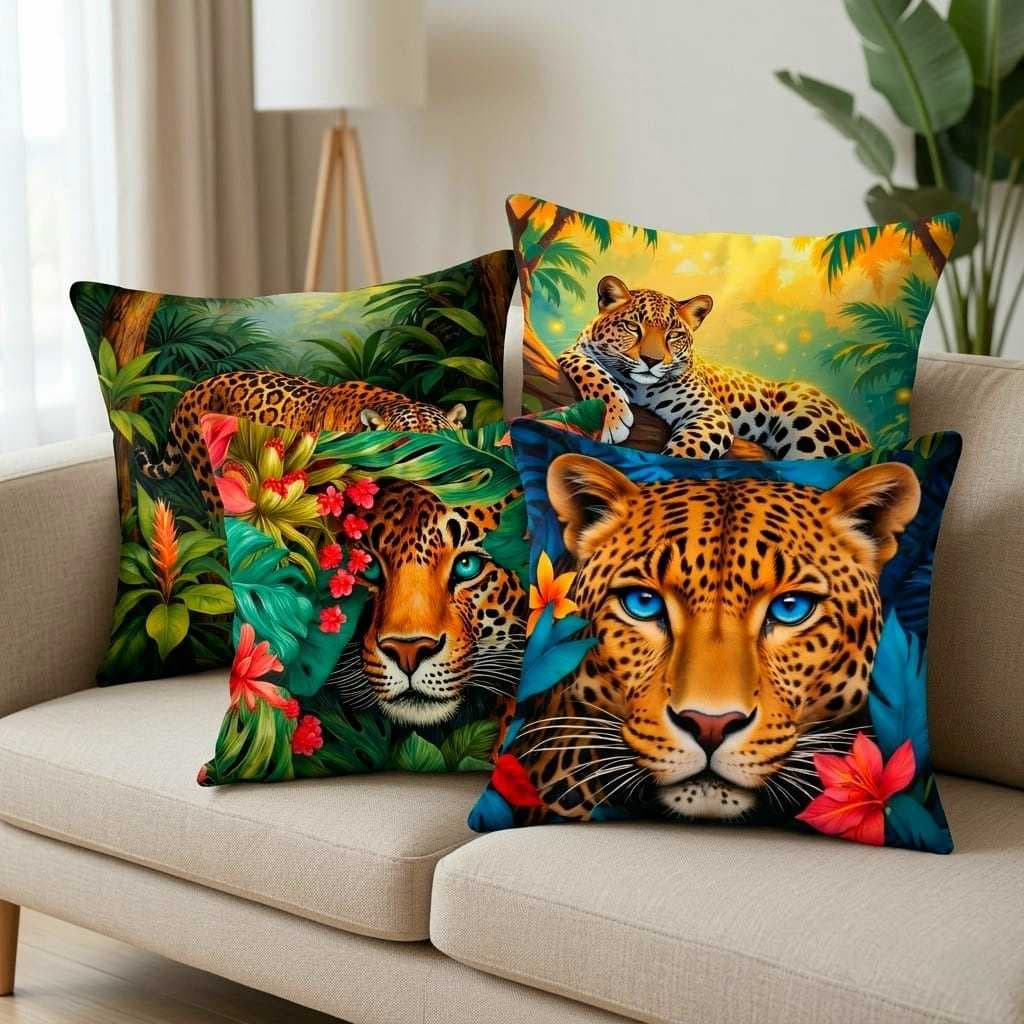 Kit Capas de Almofada Onça Pintada Luxo 4 Peças Estampa Animal Print Tropical Decorativa
