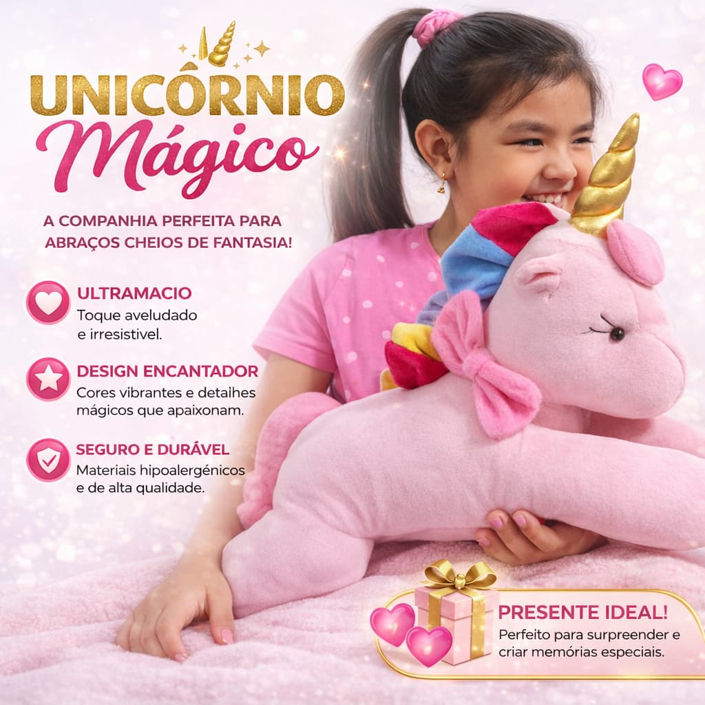 Pelucia Unicórnio Rosa Travesseiro Almofada Brinquedo 45cm Presente Infantil Menina Decoraçao Quarto