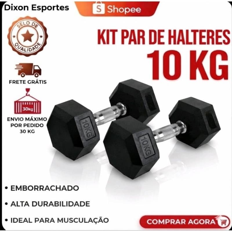 Par Halter 10kg Sextavado Emborrachado (2×10kg) Pegada Cromada Envio Imediato