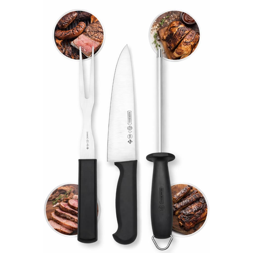 Kit Churrasco Mundial 3 Peças Profissional – Faca Chef + Garfo Trinchante + Chaira Aço Inox Premium Idela para Presente