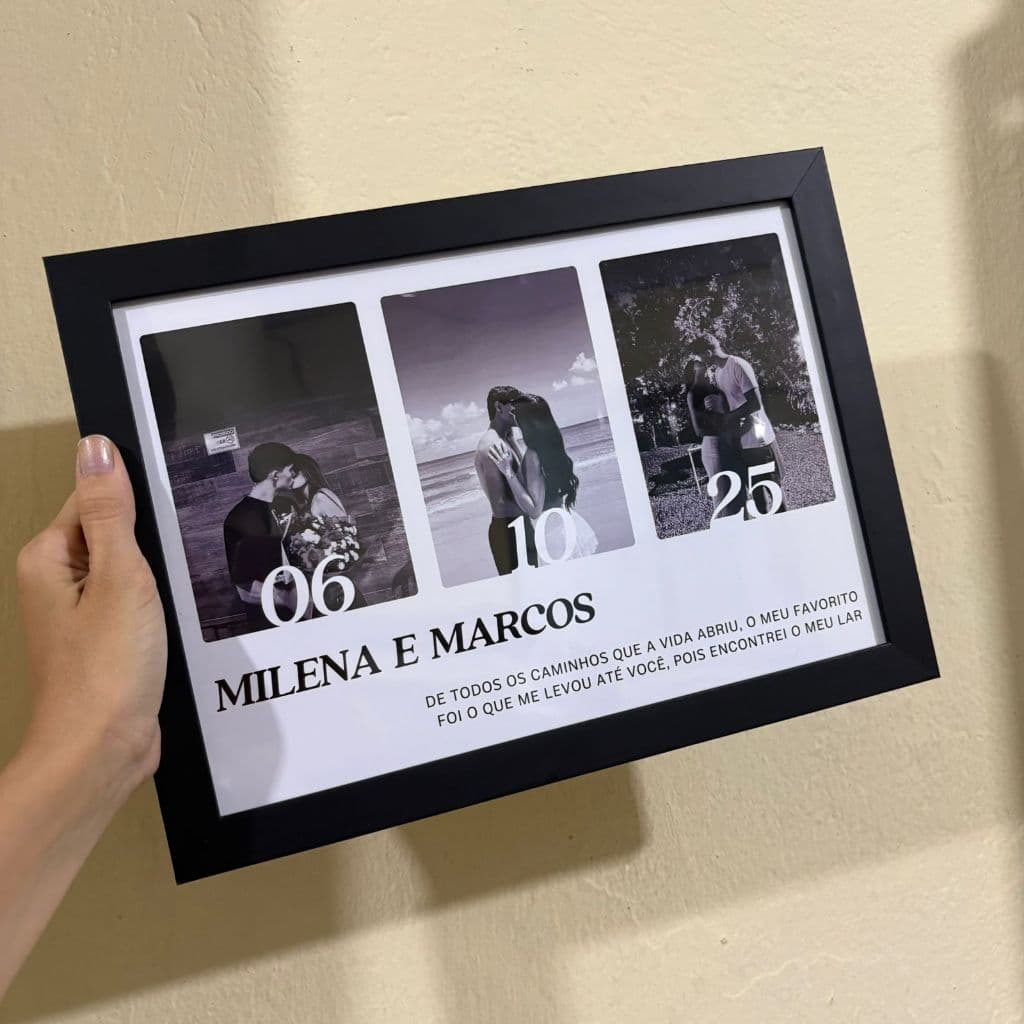 Quadro P&B Personalizado 3 Fotos com Nome do Casal e Data / Dia dos namorados / Tamanho A4 - Acetato