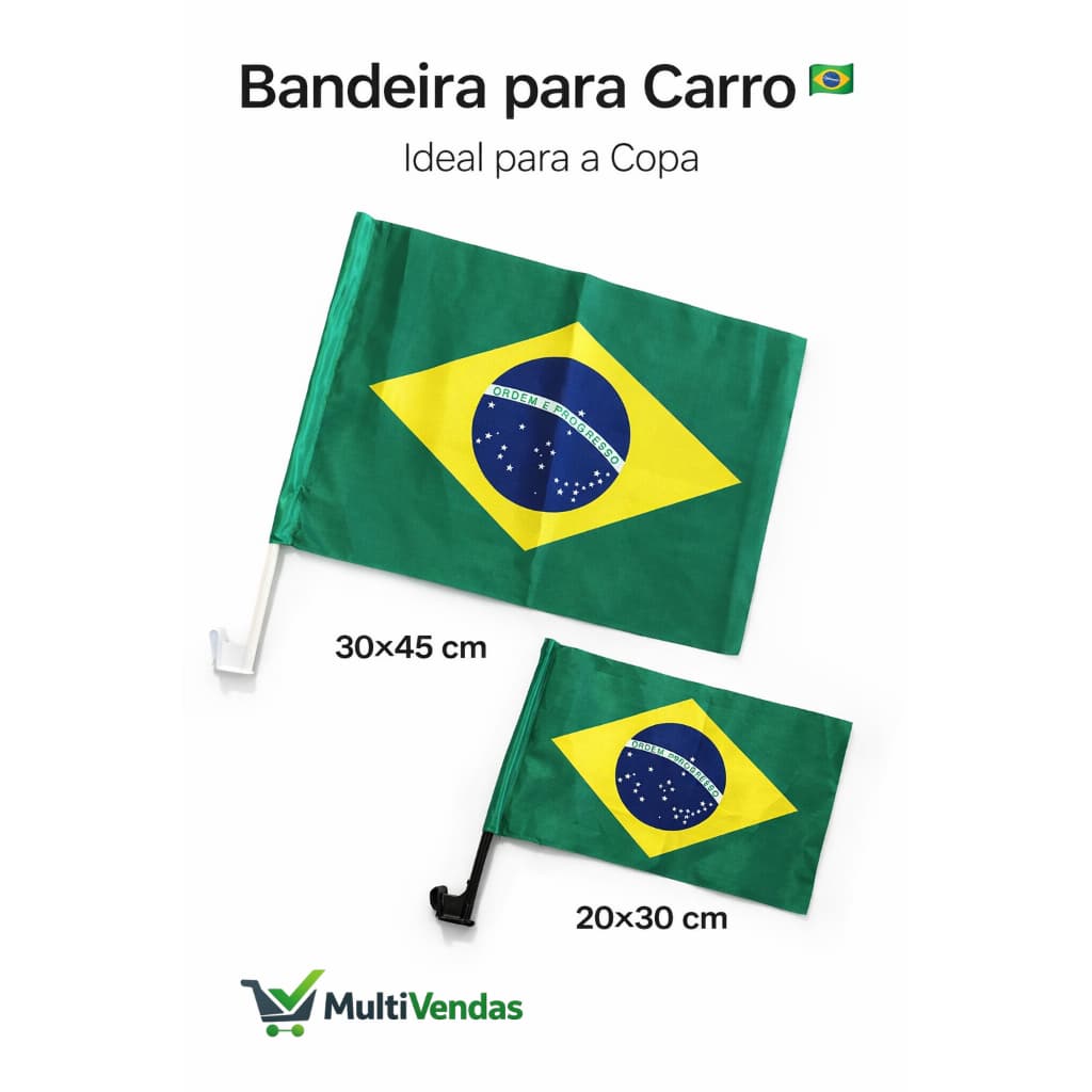 Kit 2 Bandeiras Brasil para Carro 🇧🇷 com Haste – Prontas para Copa 30x45 + 20x30