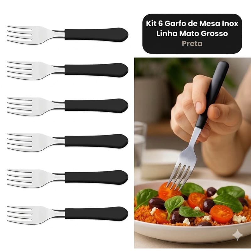 Kit 6 Garfos Mesa Inox Preto Talher Cozinha Jogo Garfo Refeição Resistente