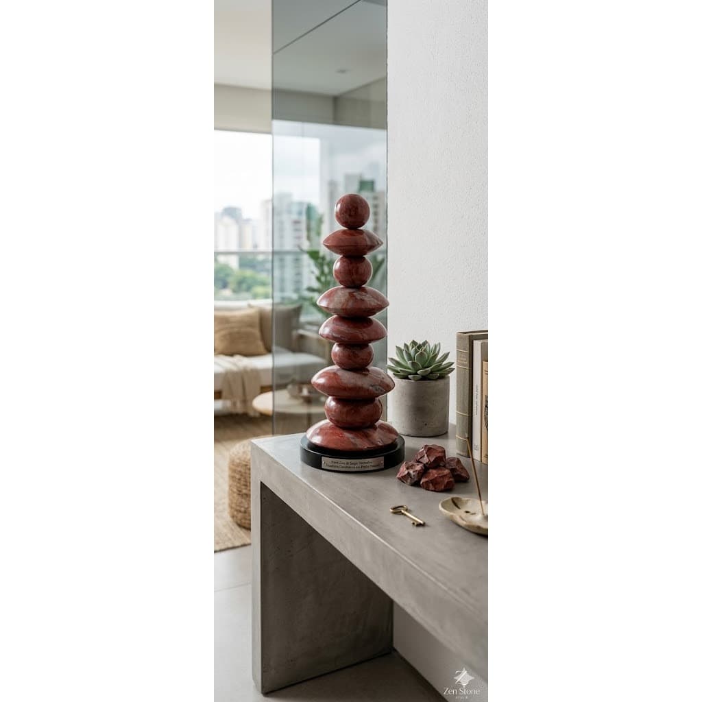 Torre Zen de Jaspe Vermelho – Escultura Decorativa em Pedra Natural