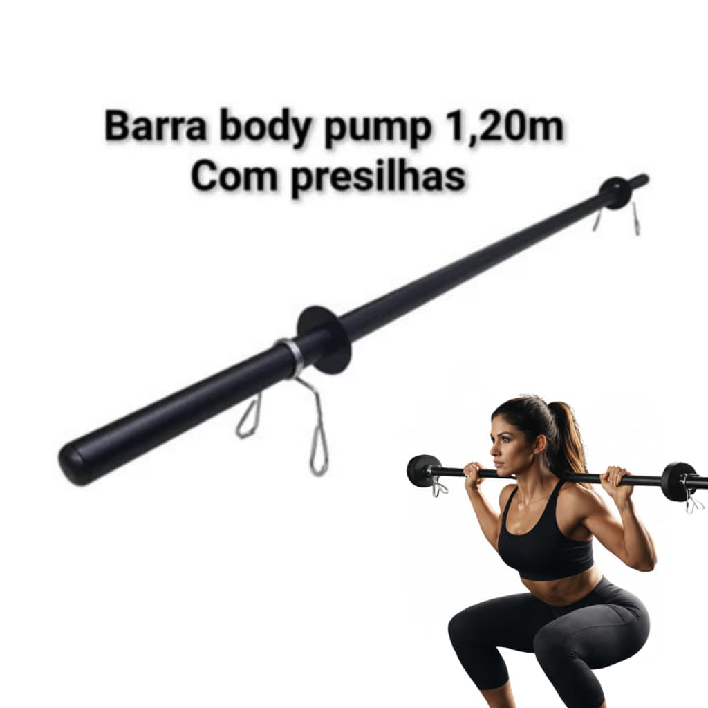 BARRA RETA BODY PUMP 1,20M COM PAR DE PRESILHAS FUNCIONAL ACADEMIA MUSCULAÇÃO