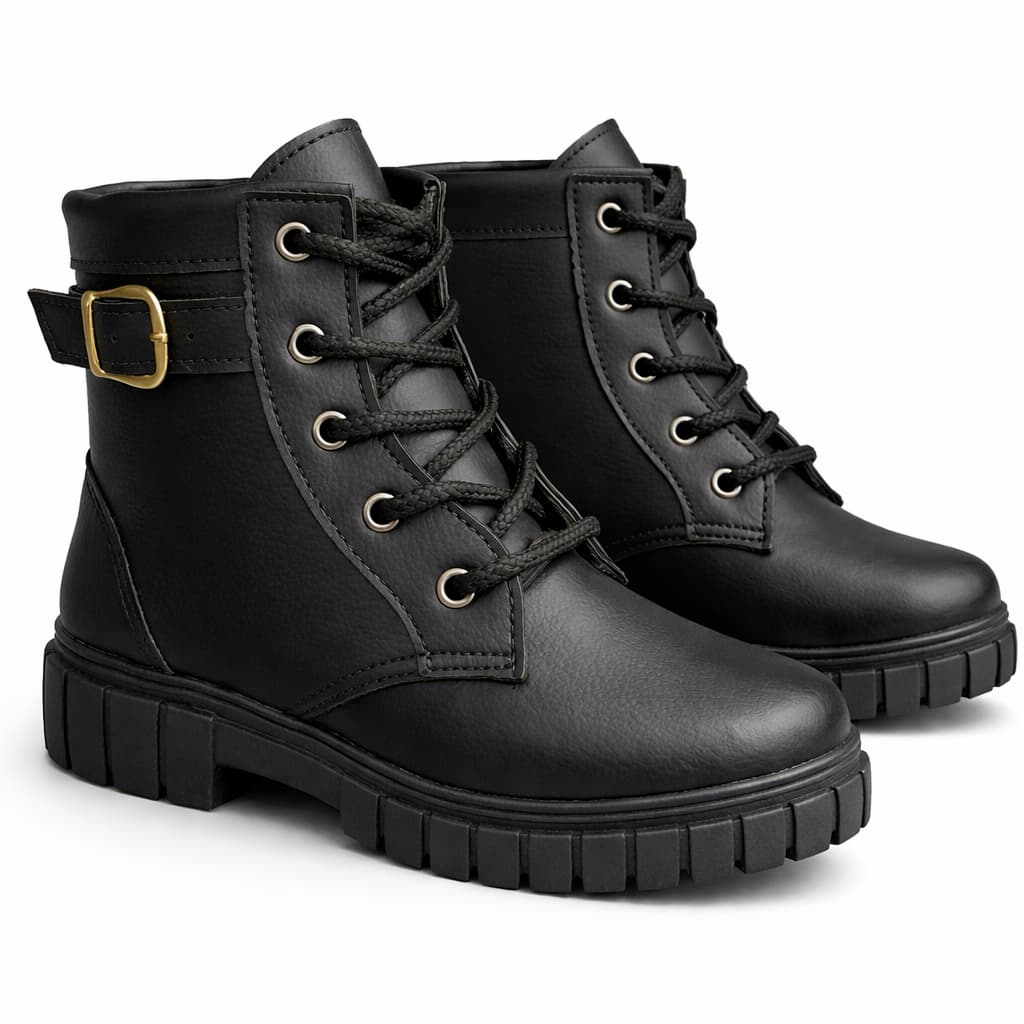 Bota Infantil Menina Feminina Coturno Couro Sintético Fivela Sola Antiderrapante