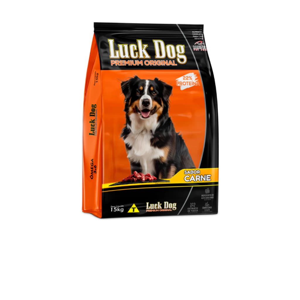 Ração Luck Dog Premium Cães Adultos Carne 15kg 22% proteína, Extrato de Yucca, Ômega 3 e 6
