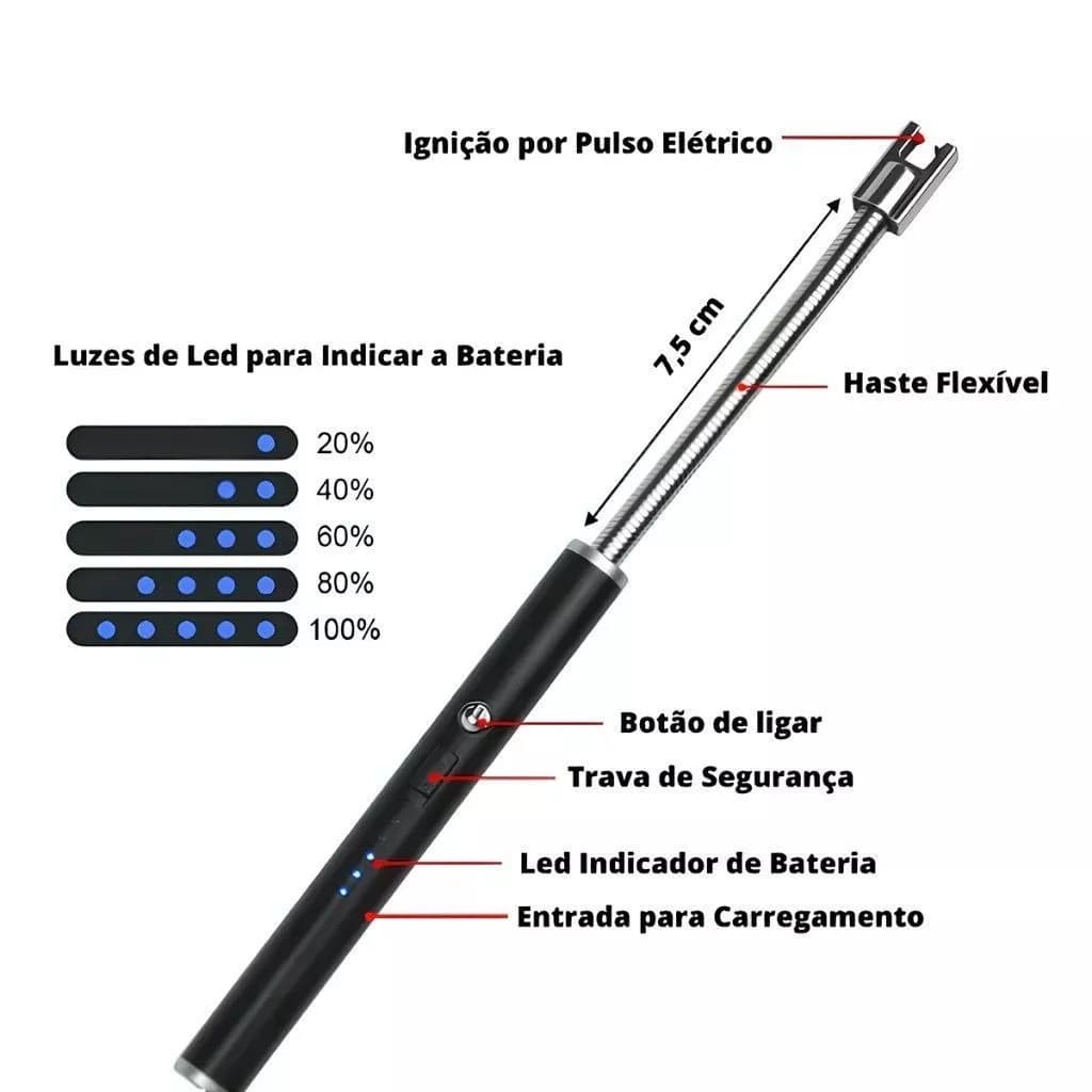 Acendedor Elétrico Recarregável USB para Fogão com Haste Flexível