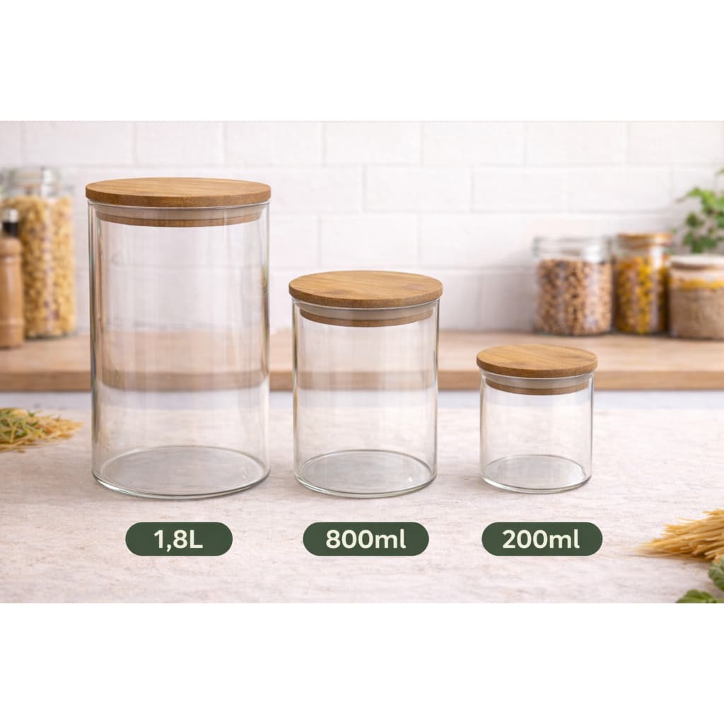 Kit 3 Potes Herméticos Vidro Borossilicato com Tampa de Bambu (3 Peças 200ml + 800ml + 1,8L)