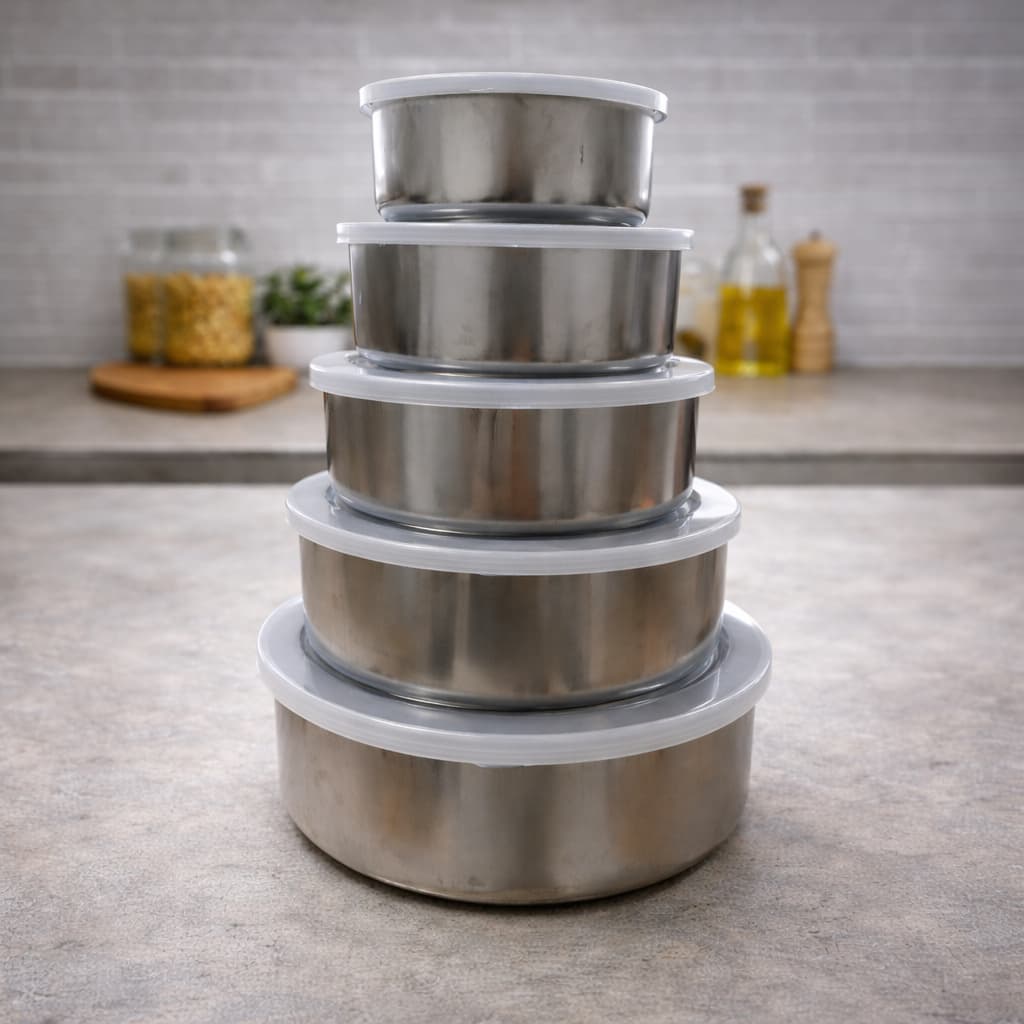 Kit 5 Potes Herméticos Inox Redondos com Tampa – Vedação Segura e Alta Durabilidade