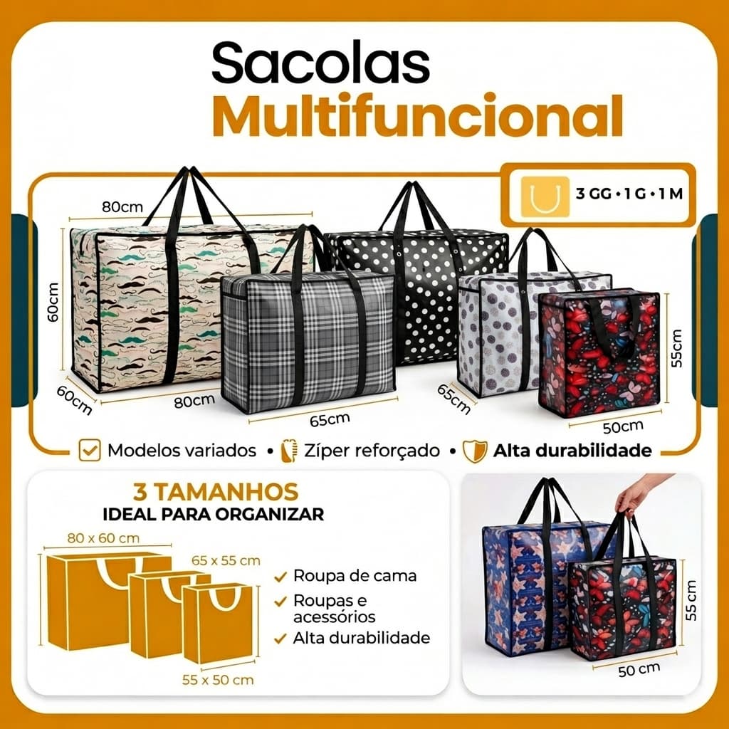 Kit 2 Sacola Sacolão GG  Bolsa C/ Zíper Sacoleiro Paraguai Extra Grande Viagem Mudanças Transporte