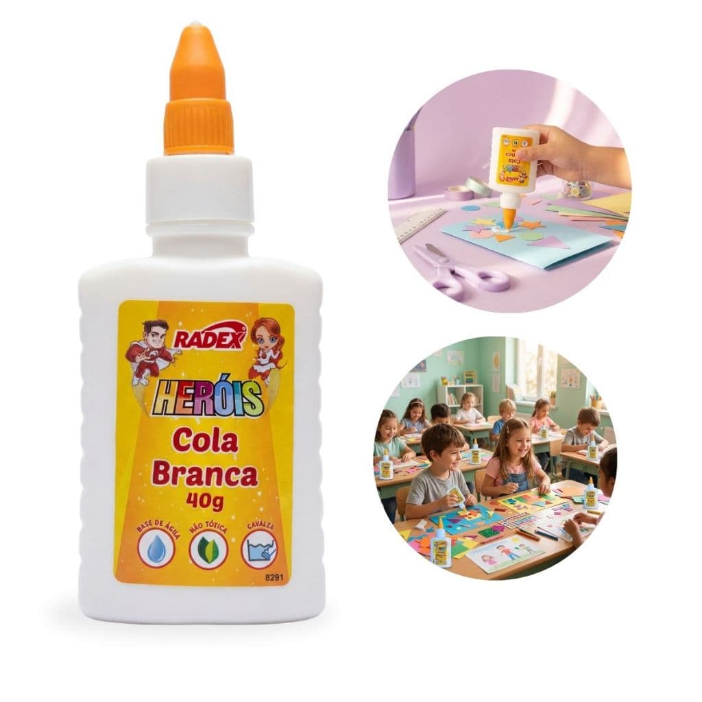 Cola Escolar Branca Liquida 40g Lavável Heróis Radex C/ Bico Aplicador