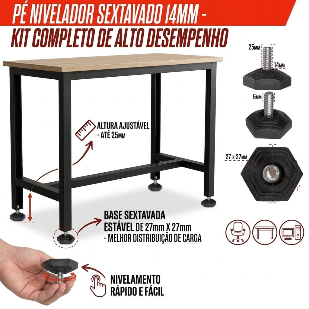 Pé Nivelador Sextavado 14mm Kit P/ Móveis Mesa Cadeira Sofá Rosca Ajustável Reforçado