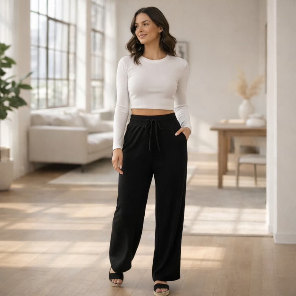 Calça Feminina Canelada Cintura Alta Ajustável Modelagem Confortável