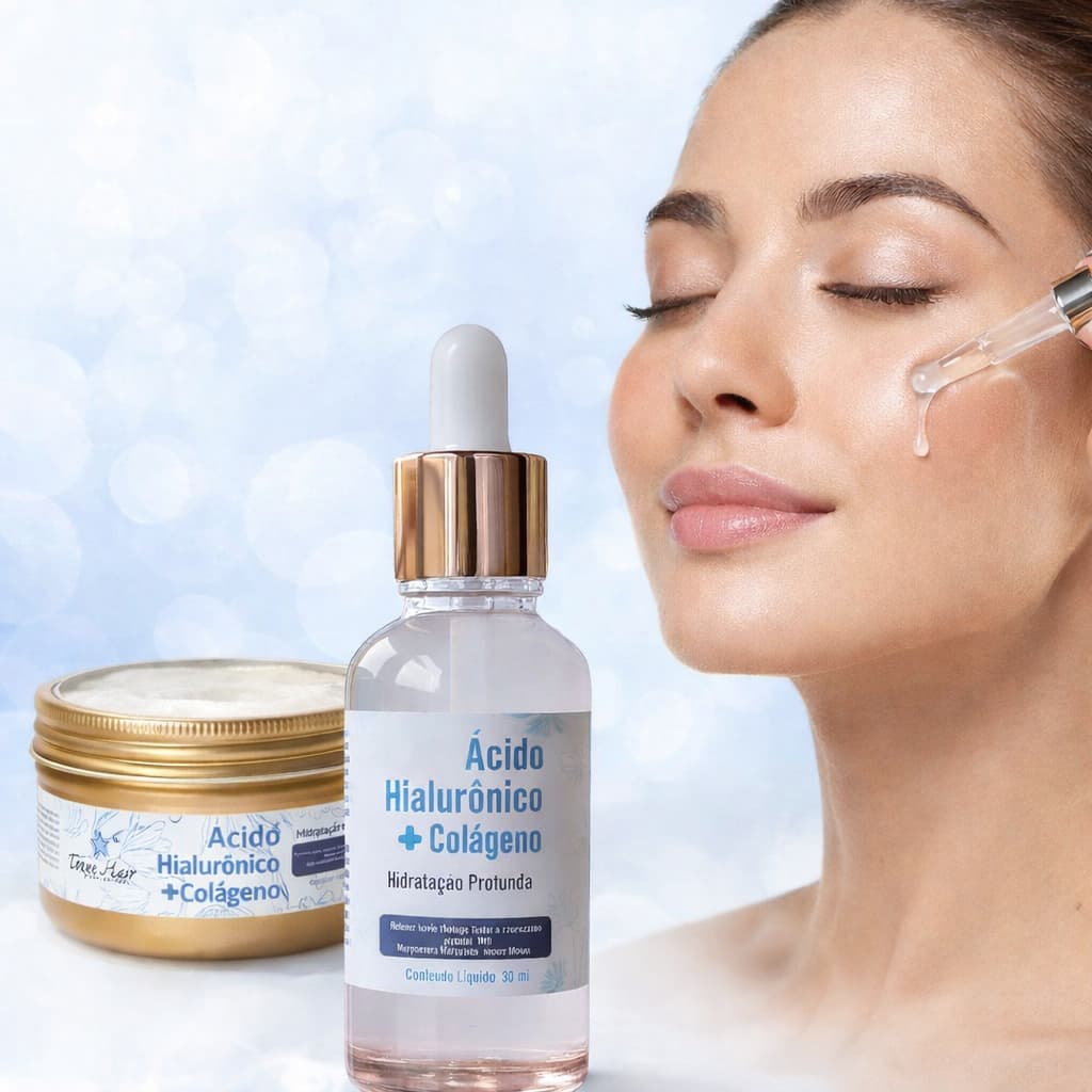 Kit Ácido Hialurônico + Colágeno Sérum 30ml + Creme Hidratante Anti-Idade Hidratação Profunda