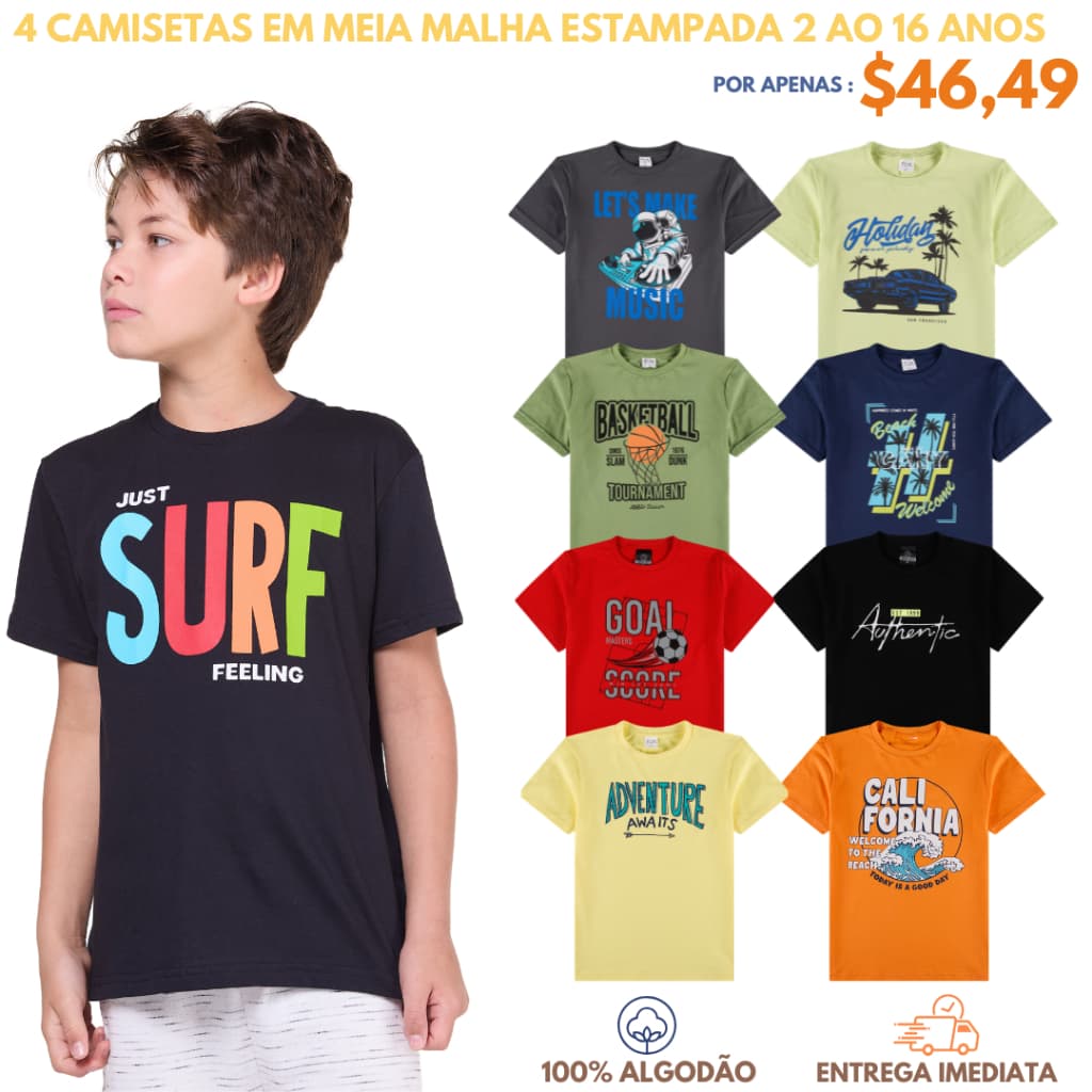 Kit Sortido 4 Camisetas Infantil Menino Estampada Manga Curta 100% Algodão