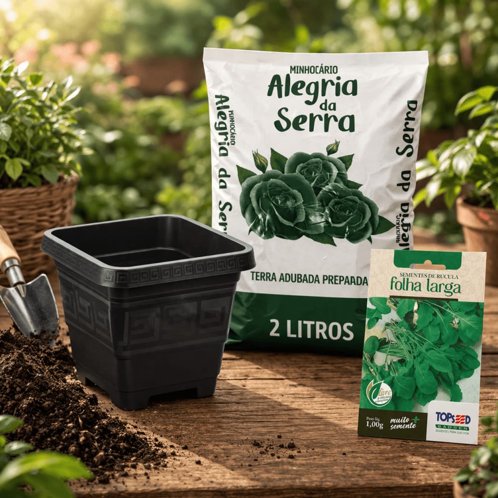 Kit Plantio Rúcula em Vaso 2,1 Litros com Terra Adubada Preparada