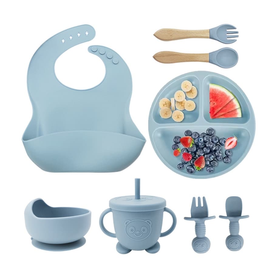 Baby Tableware 5/6/12 Peças Talheres Silicone Infantil Com ventosa Canudo Colher Babador