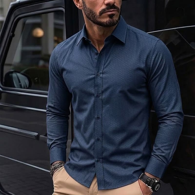 Camisa Social Slim Fit Masculina Manga Longa de Negócios Elegante com Estampa Discreta para Escritório e Trabalho