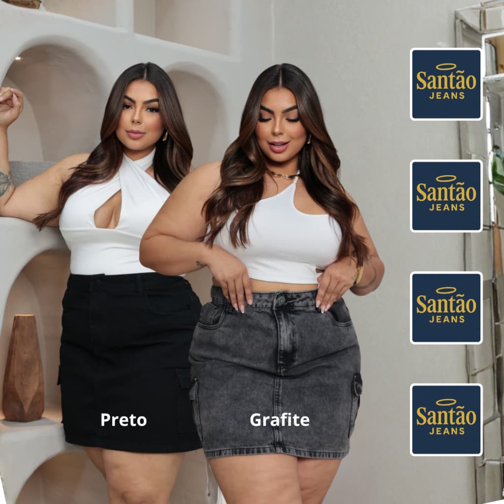 Kit 2 Saias Jeans Cargo Feminina Plus Size Com Bolso Lateral Cintura Alta Confortável 46 ao 54