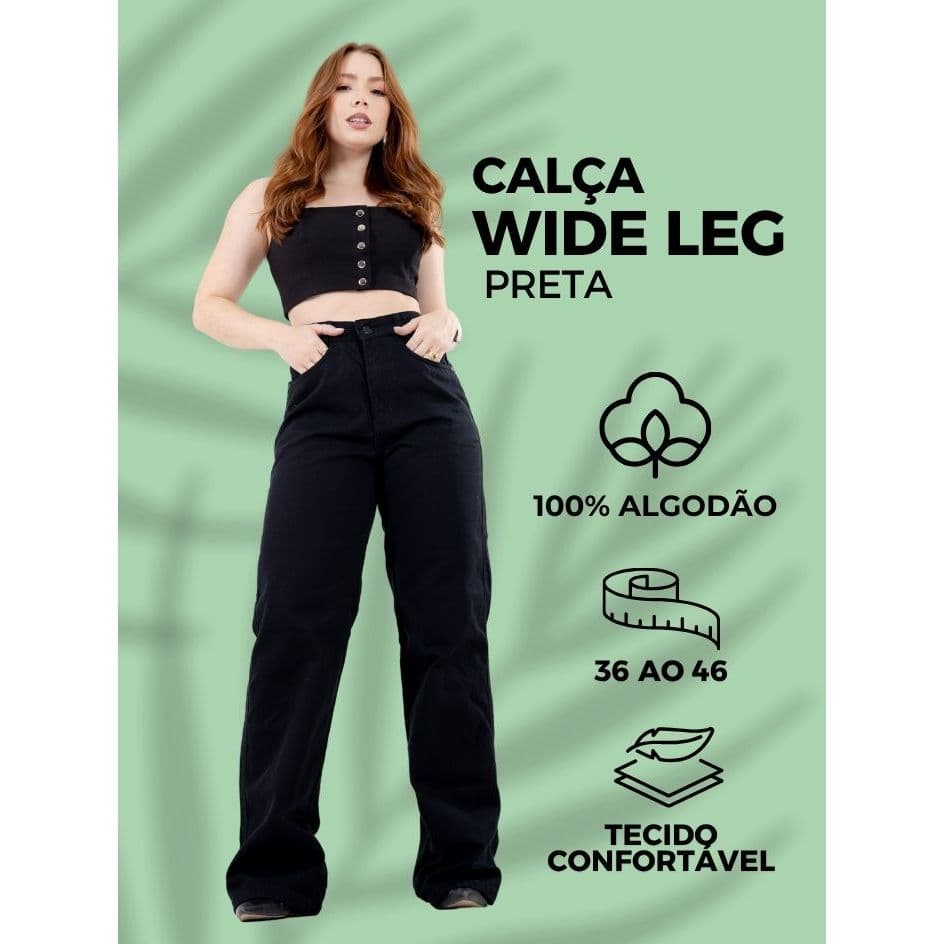Calça Wide Leg Preta Feminina Cintura Alta Pantalona Elegante Confortável Moda Casual Elegante