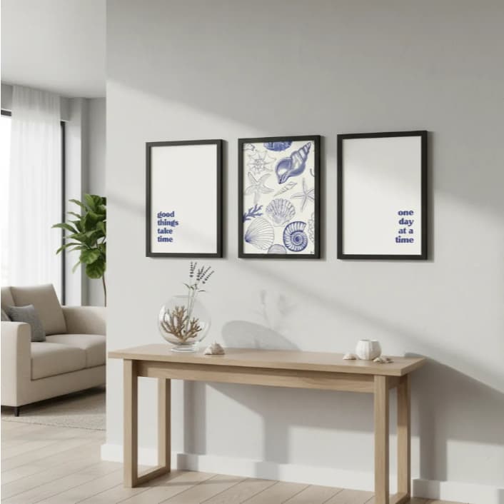Kit 3 Quadros Decorativos Tema Conchas e Mar Frases Kit Quadro Decorativo p/ quarto sala escritório