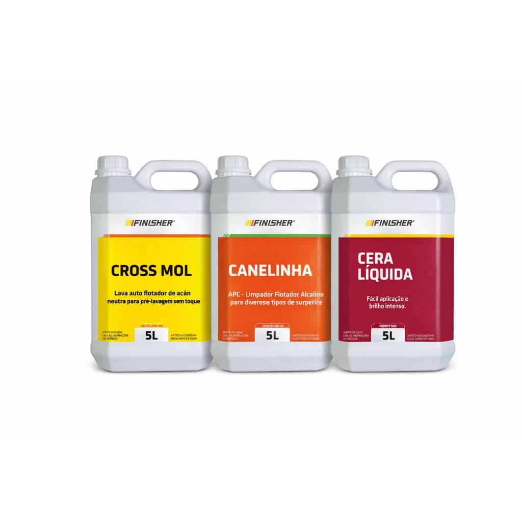 Kit Limpeza Automotiva Completa Finisher – Canelinha 5L + Cross Mol 5L + Cera Líquida 5L