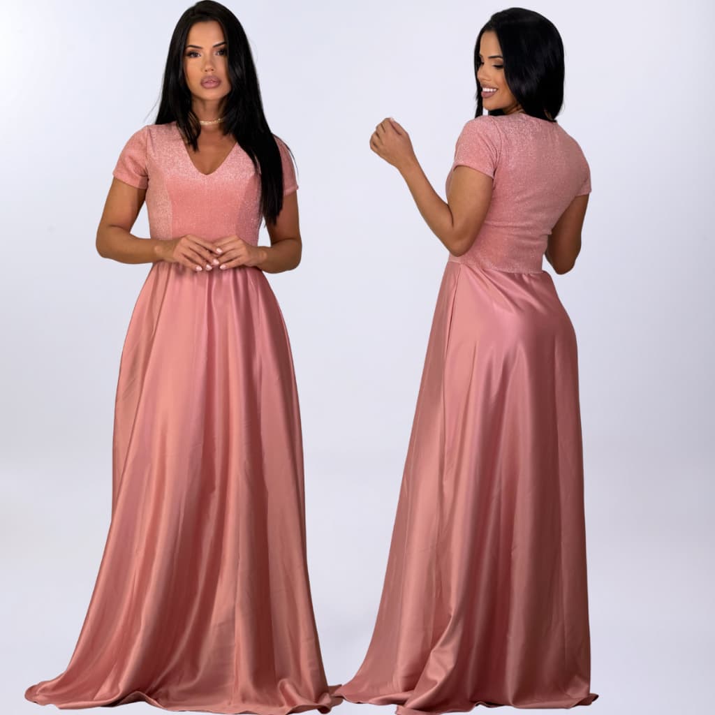 vestido longo rose com peito de lurex e saia de crepe acetinado para festas formatura e madrinha de casamento