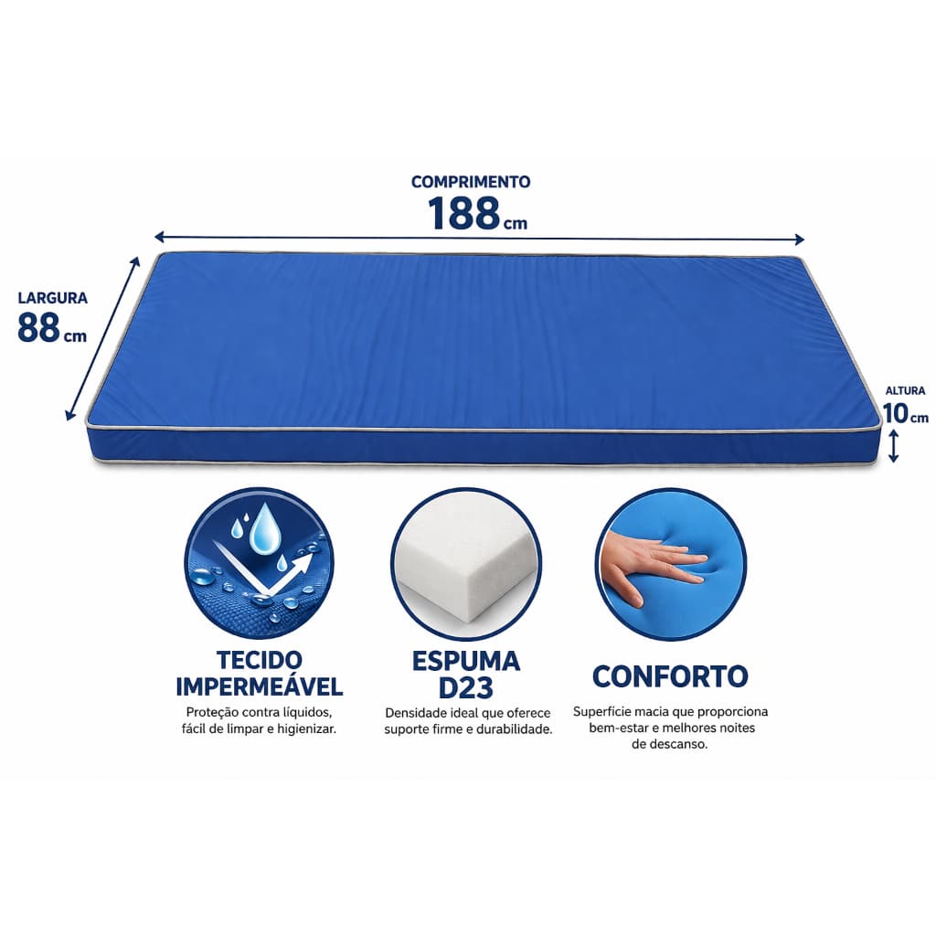 Colchão 188x88x10 d23 para cama hospitalar solteiro - material impermeável - varias cores -envio imediato