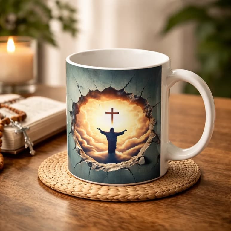 Caneca Porcelana 3D Evangélica Deus Cristo Jesus Fé Presente Gospel