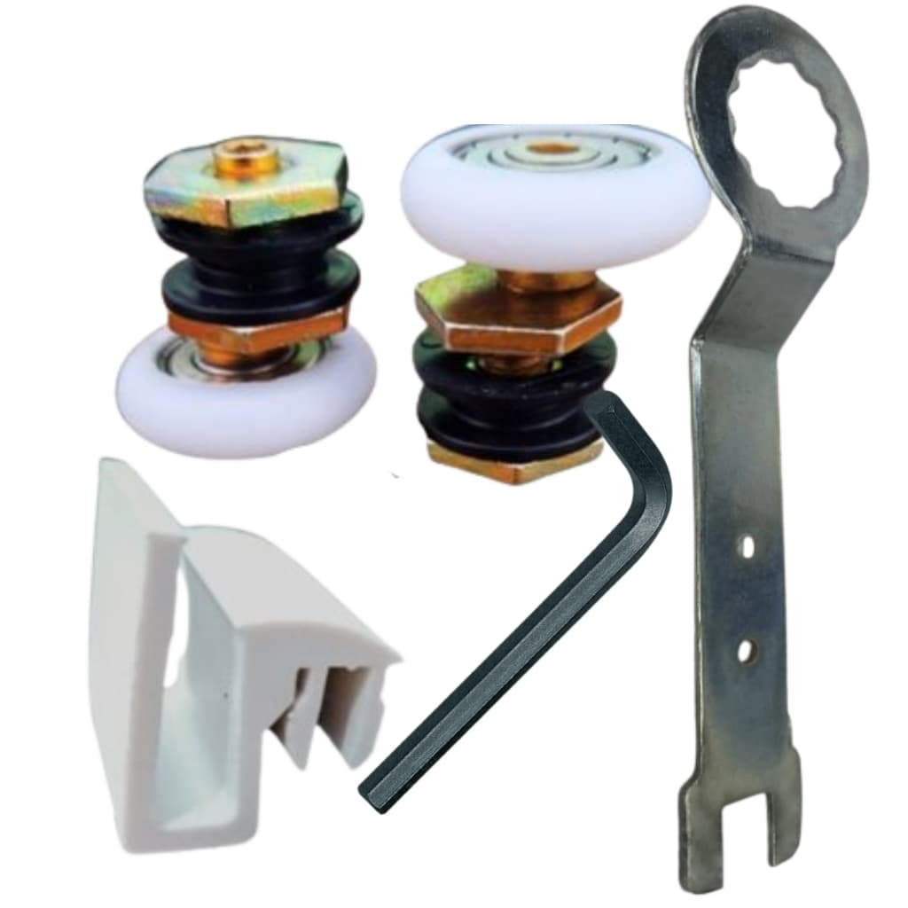 Kit 2 Roldanas Para Box de Vidro e Guia de 8 mm + 2 Chaves (1 Allen + 1 Regulagem)