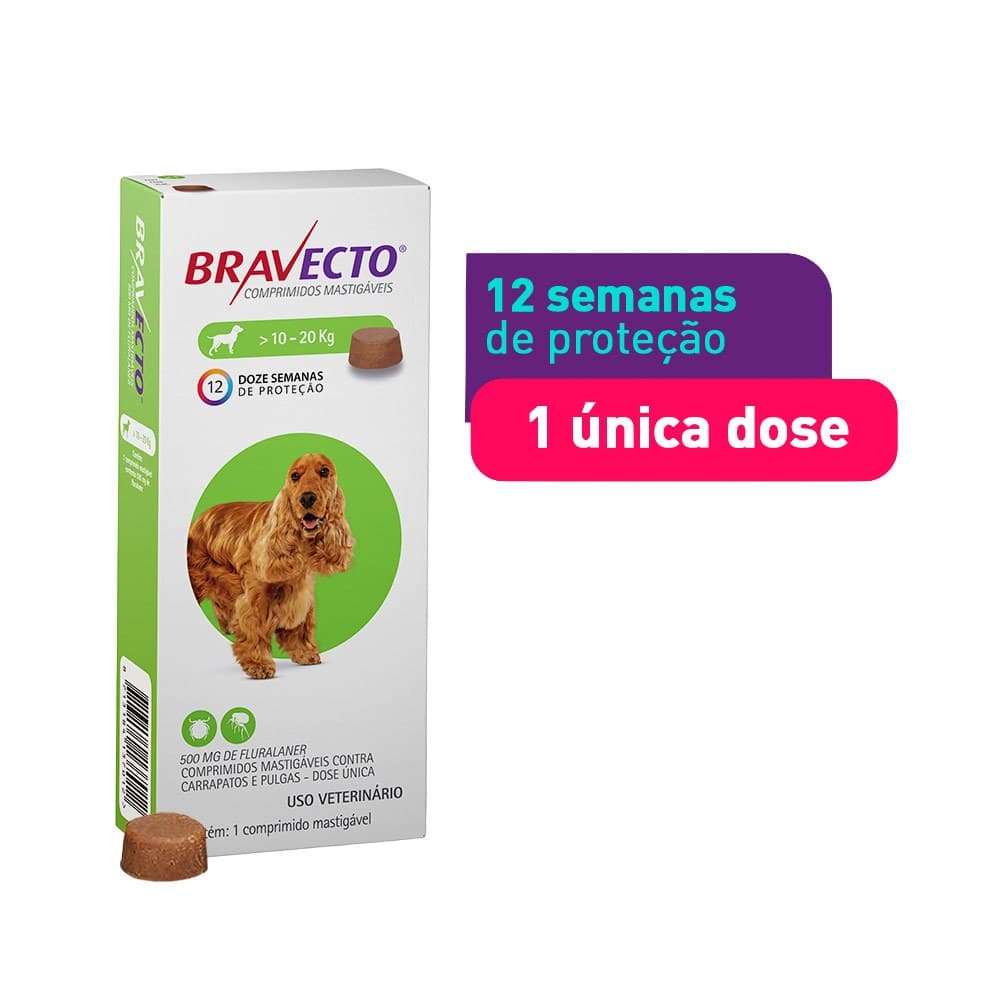 Antipulgas e Carrapatos Bravecto Comprimido Mastigável de 500mg para Cães de 10 a 20kg - MSD Saúde Animal