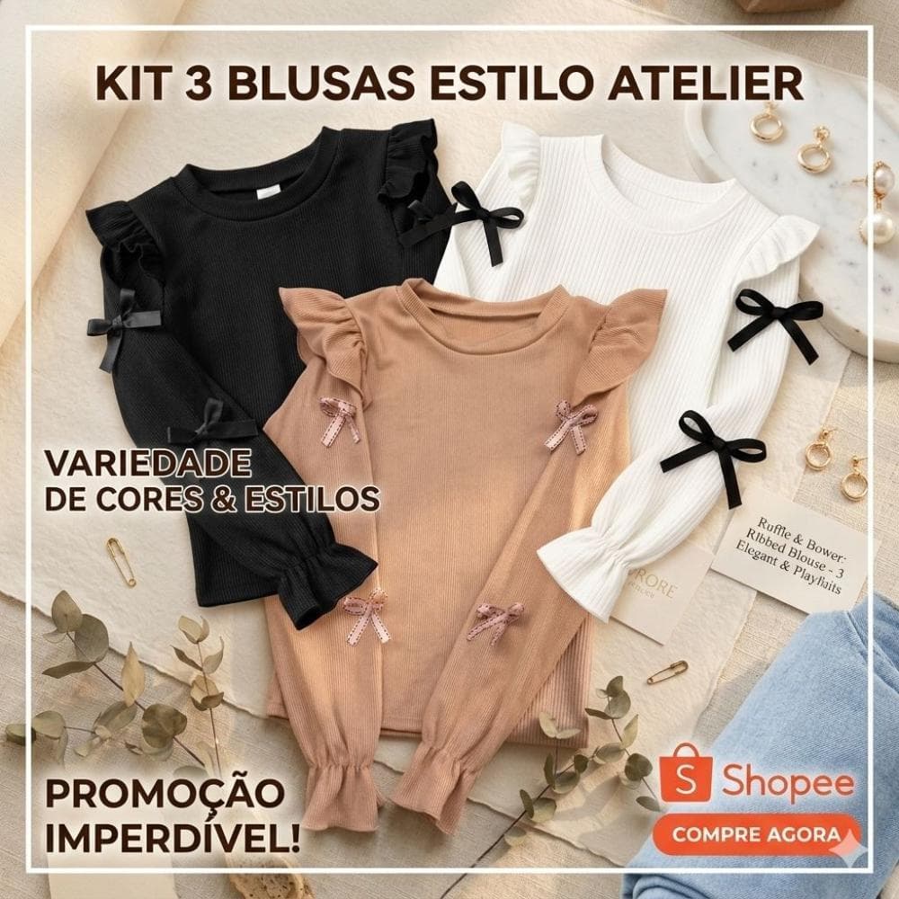 Kit 3 Blusas infantil menina manga longa roupa infantil menina blusa infantil menina blusa manga longa infantil menina