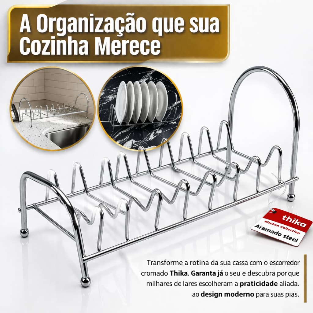 ESCORREDOR DE PRATOS CROMADO 34CM - 8 PRATOS , inox cozinha pesente dias maes