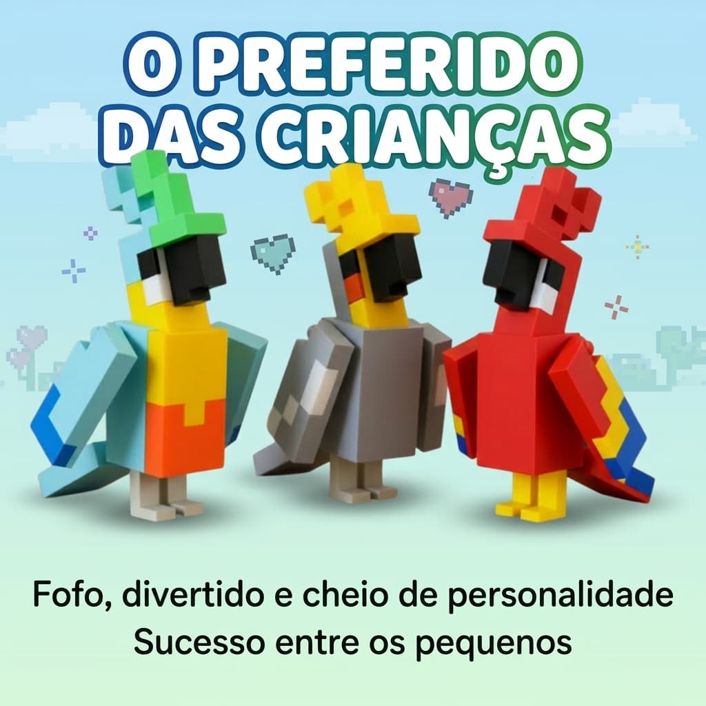 Minecraft Papagaio Decorativo | Kit com 3 Modelos Pixelados | Geek Gamer