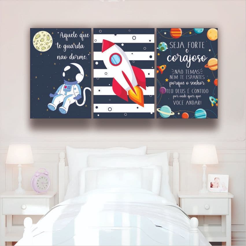 quadro decorativo infantil quadro para quarto de bebê foguete astronauta com frase