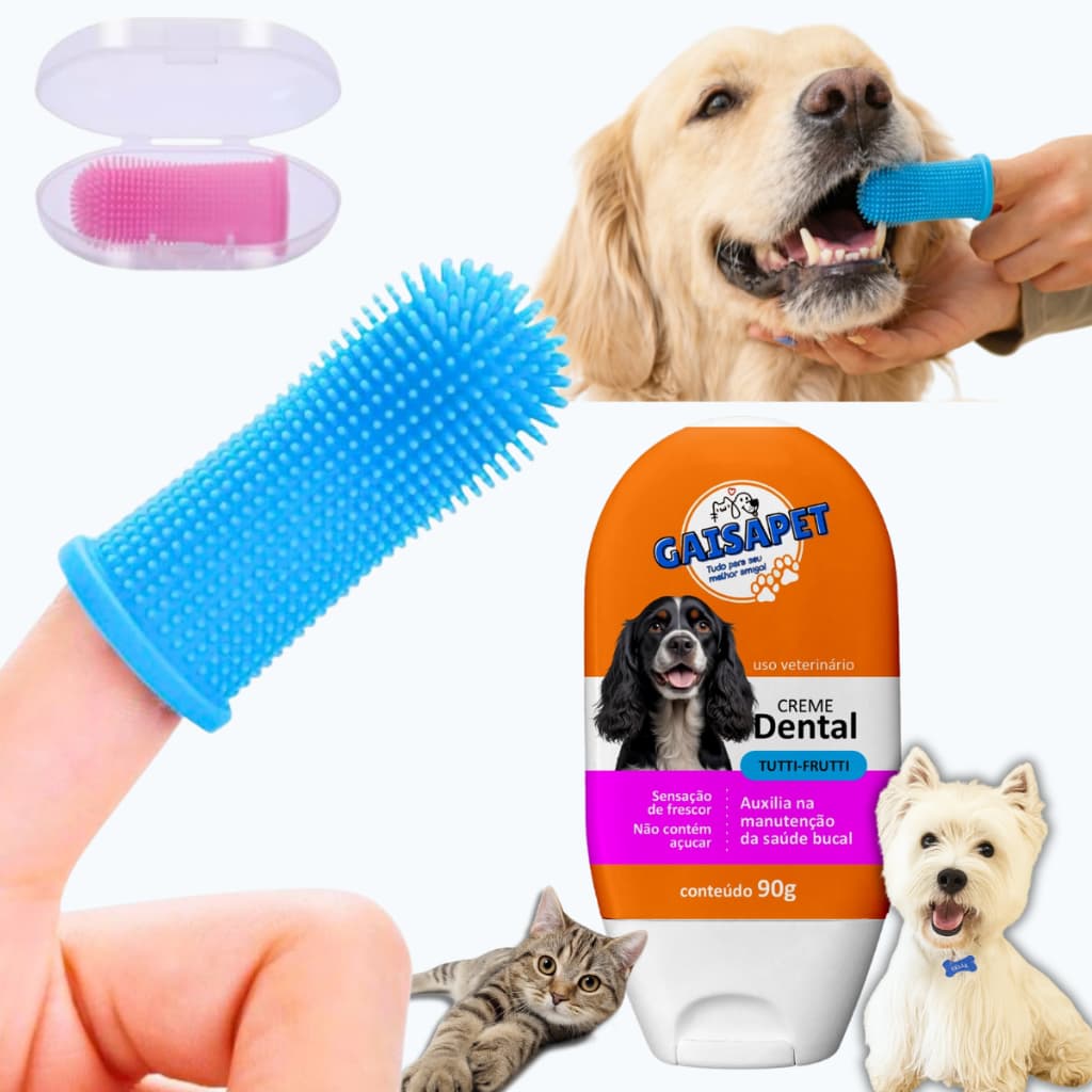 Kit Creme Dental Pet + Dedeira Escova Silicone Dente Cachorro Gato Tutti Fruti